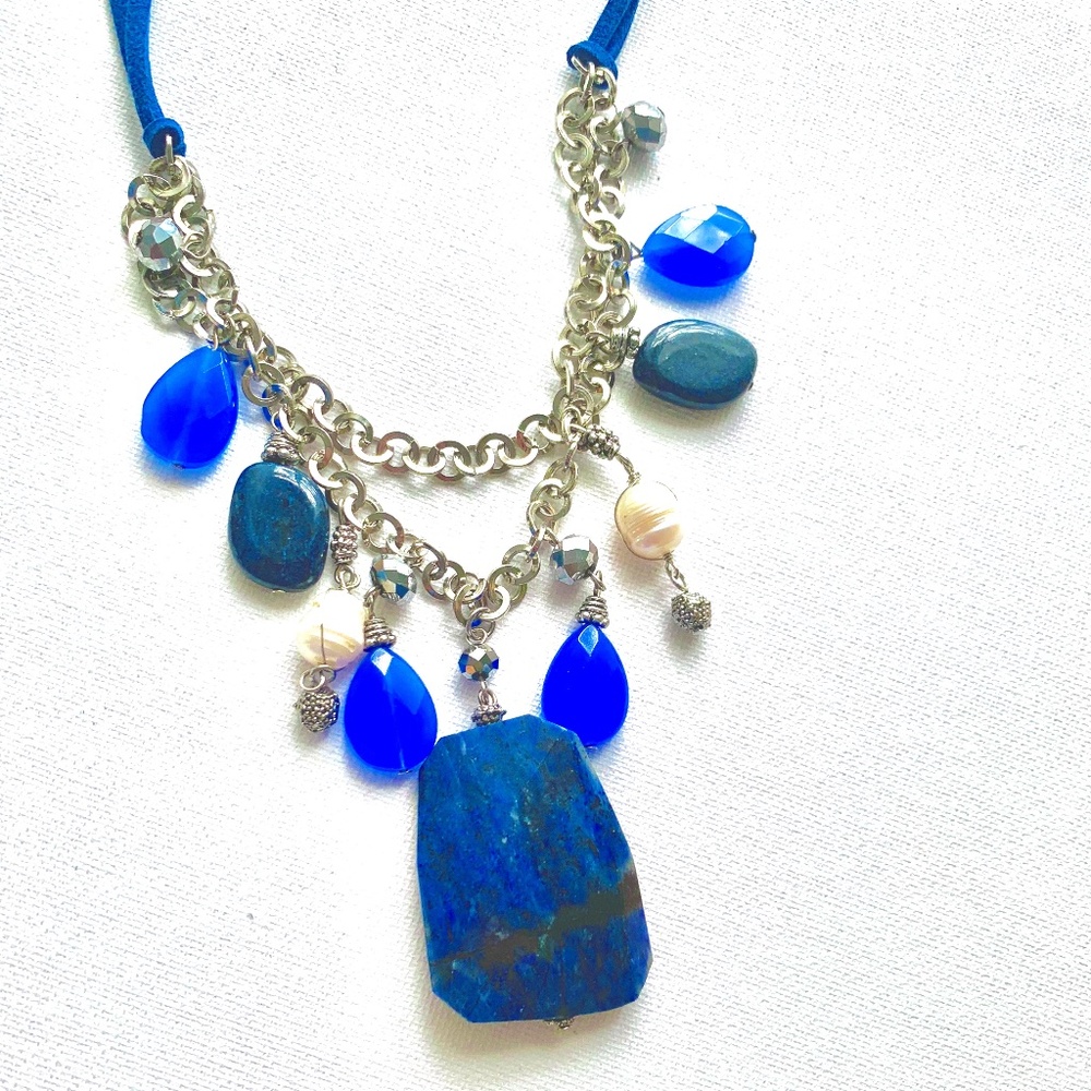 Laura Ashley Natural Stone Chunky Necklace with Silver-tone Chain and Leather